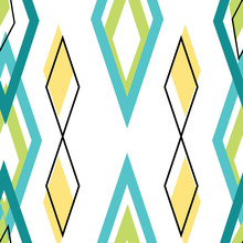 Caribbean Engagement, Off Center Irregular Diamonds In Rows, Seamless Vector Repeat Blue Yellow And Green Surface Pattern Design