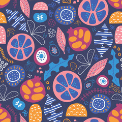 Wall Mural - Abstract tropical floral fruit seamless vector pattern. Repeating background with stylized leaves, fruit halves and shapes. Blue, yellow, orange pink white summer design. Use for fabric, packaging