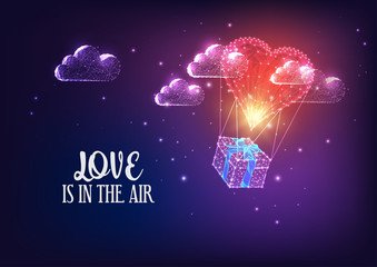 Wall Mural - Valentines Day greeting card with flying heart shape hot air balloon and gift box and clouds
