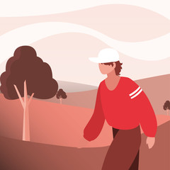 Sticker - Hiker man and landscape vector design