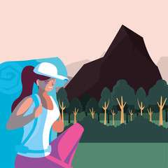 Canvas Print - Hiker woman with bag and landscape vector design