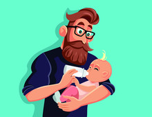 Loving Father Bottle Feeding Baby Vector Cartoon