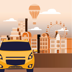 Poster - Car on the street in front of buildings vector design