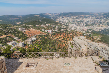 Wall Mural - Aerial view of Ajloun town from Rabad castle, Jordan.