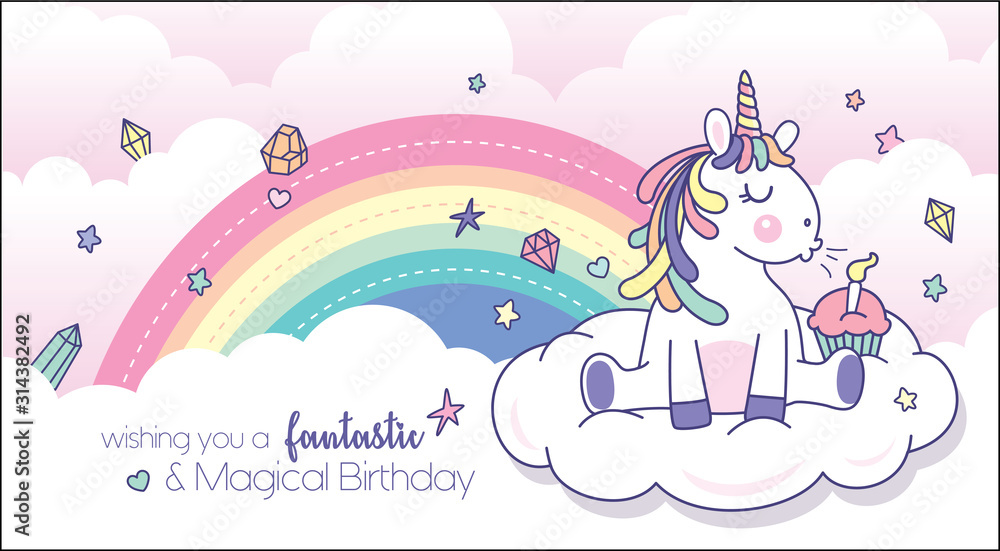 Vector illustration of a cute little unicorn blowing candle with rainbow background. Birthday greeting card design. - obrazy, fototapety, plakaty 
