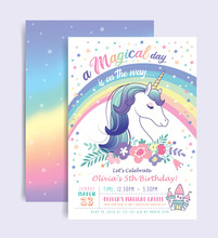 Birthday Party Invitation Card Template With A Magical Unicorn And Rainbow Background