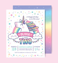 Birthday Party Invitation Card Template With A Cute Unicorn And Rainbow Background