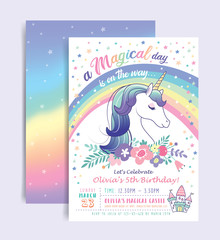 Birthday party invitation card template with a magical unicorn and rainbow background