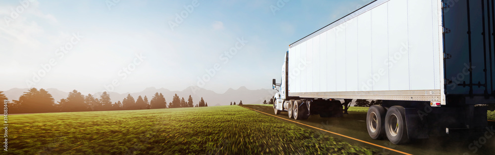 panoramic - truck driving through the mountains - obrazy, fototapety, plakaty 