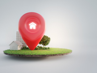 house symbol with location pin icon on earth and green grass in real estate sale or property investm