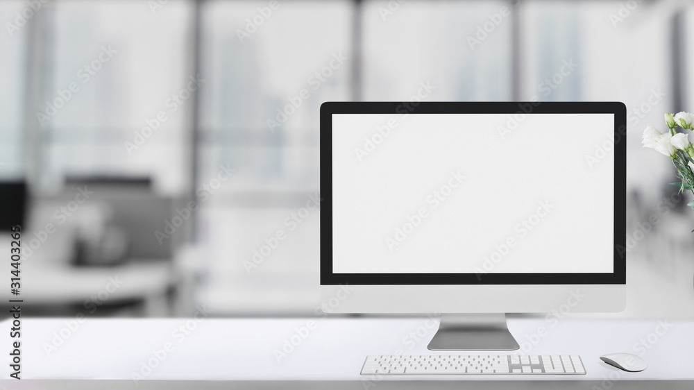 Cropped shot of simple workspace  with blank screen computer on white table with blurred office room - obrazy, fototapety, plakaty 