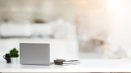 close up view of simple workspace with laptop, notebooks, coffee cup and tree pot on white table wit