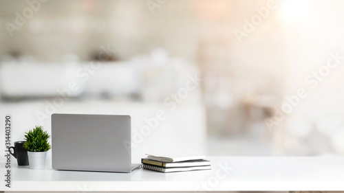 Fotomural Close up view of simple workspace with laptop, notebooks, coffee cup and tree po