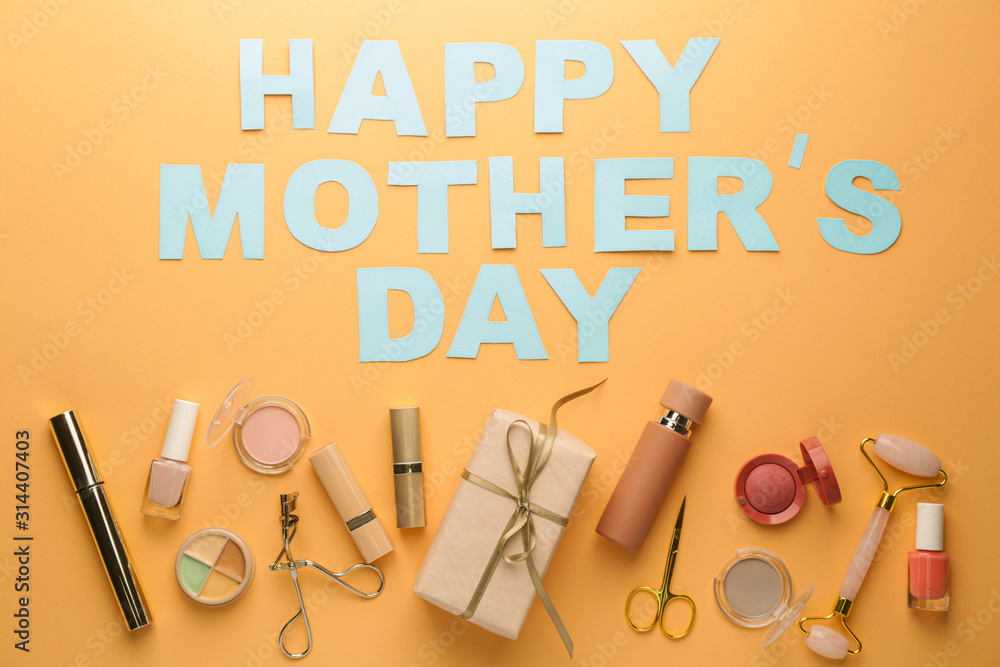 Gift for Mother's Day with makeup cosmetics on color background