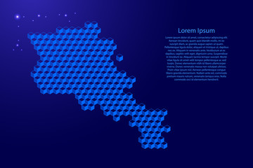 Sticker - Armenia map from 3D classic blue color cubes isometric abstract concept, square pattern, angular geometric shape, glowing stars. Vector illustration.