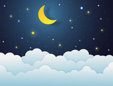 Night Sky With Stars And Moon. Paper Art Style.Vector Of A Crescent Moon With Stars On A Cloudy Night Sky. Moon And Stars Background.Vector EPS 10.