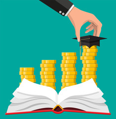 Wall Mural - Graduation cap, open book and gold coin. Education savings and investment concept. Academic and school knowledge. Vector illustration in flat style