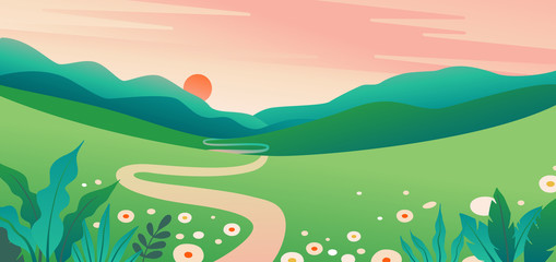 vector illustration in flat simple style with copy space for text - summer landscape with natural sc