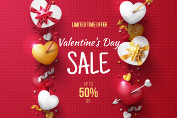 Wall Mural - valentine's day sale background template with 3d hearts, love arrow and gift box. vector illustratio