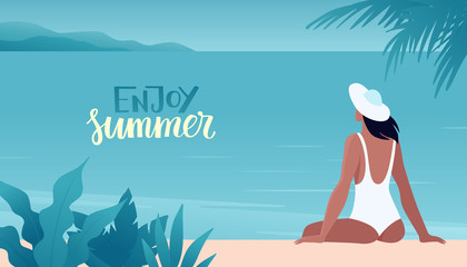 Vector illustration in trendy flat and simple style -  summer landscape and woman enjoying vacation - background for banner, greeting card, poster and advertising