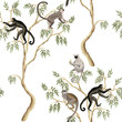 Tropical vintage tree, monkey animals floral seamless pattern white background. Exotic nature wallpaper.