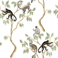 Wall Mural - Tropical vintage tree, monkey animals floral seamless pattern white background. Exotic nature wallpaper.