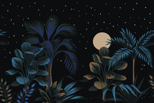 Tropical Night Vintage Palm Tree, Banana Tree, Plant, Moon, Star Sky Floral Seamless Border Black Background. Exotic Dark Jungle Wallpaper.