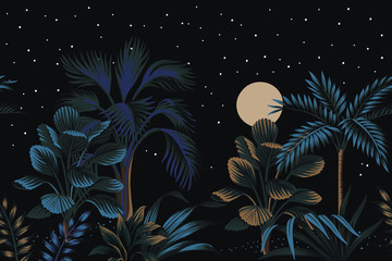 tropical night vintage palm tree, banana tree, plant, moon, star sky floral seamless border black ba