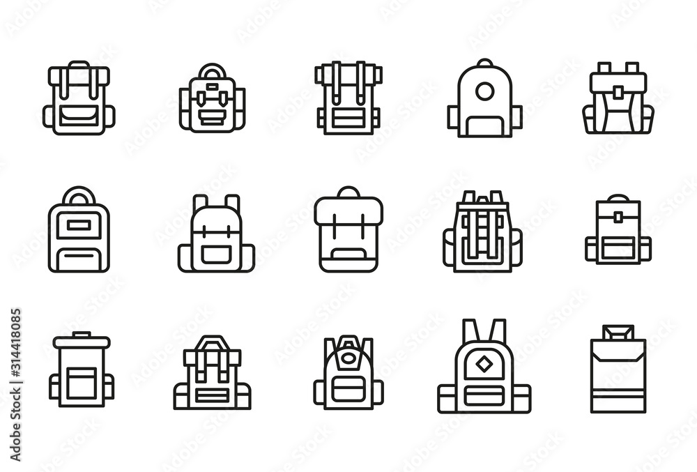Stroke line icons set of backpack. - obrazy, fototapety, plakaty 