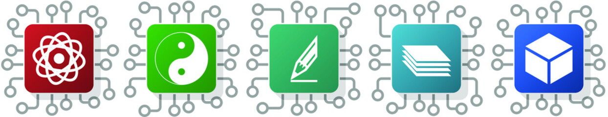 Poster - Set of science, yang, ying, cube and drawing icons for webdesign and mobile applications, cpu, chip concept vector illustration