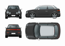 Modern Compact City Car Mockup. Side, Top, Front And Rear View Of Realistic Small Black Noname Car Isolated On White Background.