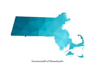 Vector isolated illustration icon with simplified blue map's silhouette of Commonwealth of Massachusetts (USA). Polygonal geometric style. White background