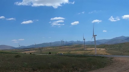 Wall Mural - wind farm on a green hills under a blue sky