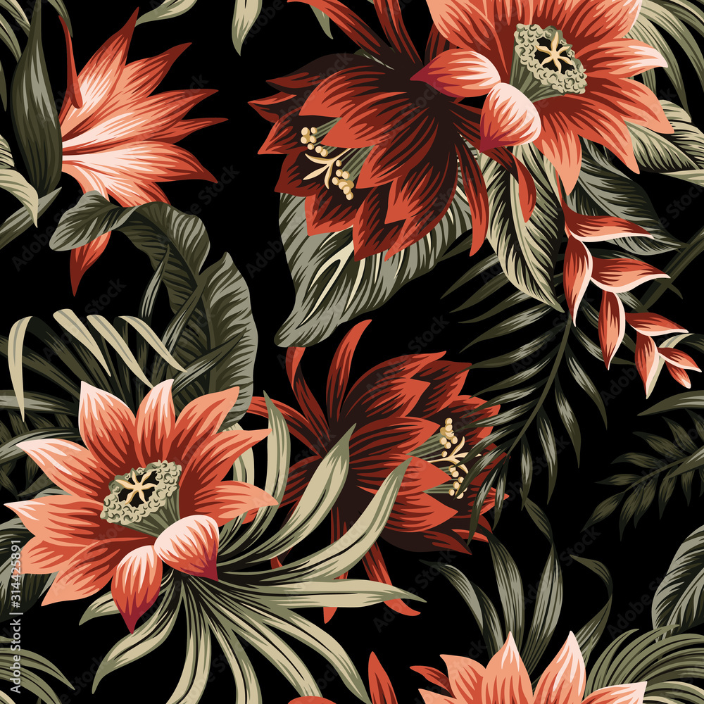Tropical vintage red lotus flower, palm leaves floral seamless pattern black background. Exotic jungle wallpaper. - obrazy, fototapety, plakaty 