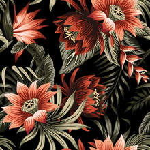Tropical Vintage Red Lotus Flower, Palm Leaves Floral Seamless Pattern Black Background. Exotic Jungle Wallpaper.