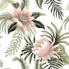 Tropical vintage pink lotus, palm leaves, banana leaves floral seamless pattern white background. Exotic jungle wallpaper.