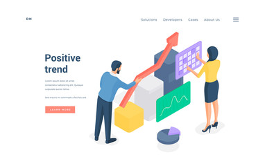Wall Mural - people working with rising statistic data isometric vector illustration.