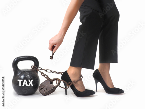 Fotomural Woman's legs with chains and weights. The tax concept .
