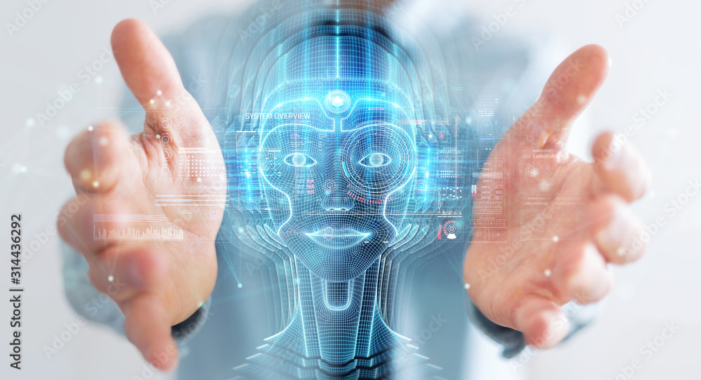 Businessman using digital artificial intelligence head interface 3D rendering - obrazy, fototapety, plakaty 