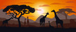 Silhouette of giraffes of the African savannah. Scenery. Africa. Bright vector illustration. Wildlife.