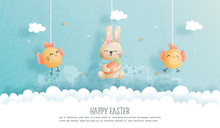 Easter Card With Cute Bunny And Easter Egg In Paper Cut Style. Vector Illustration