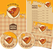 Vector Set Of Design Elements For A Pizzeria. Menus, Badges, Business Cards, And Drink Stands With A Slice Of Pizza, Melted Cheese, And Inscriptions On A Checkered Tablecloth Background