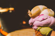 Ice cream cone melting outdoors in summer, sweet dessert food on holiday