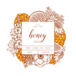 © Maria - Honeycomb with citrus and flowers. Honey elements engraved vintage style. Packaging image. Vector illustration