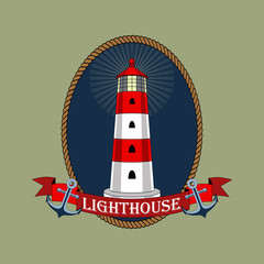 Wall Mural - Vector image lighthouse emblem with ribbon and anchors. Design elements for prints, stickers, cards.