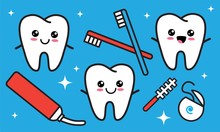 Cute Kawaii Tooth Icon Set. Teeth With Toothbrush, Brace, Toothpaste, Decay, Dental Floss