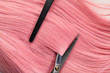 © LIGHTFIELD STUDIOS - Top view of clip and scissors on colored pink hair on white background