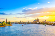 Sunset In Cologne With Dome And River Rhine