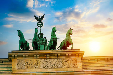 Brandenburg Gate Brandenburger Tor details at sunset in Berlin, Germany.