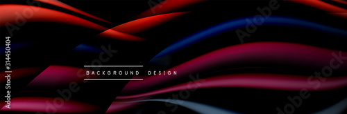 Сolorful flow poster. Wave liquid lines and shapes in black color background....